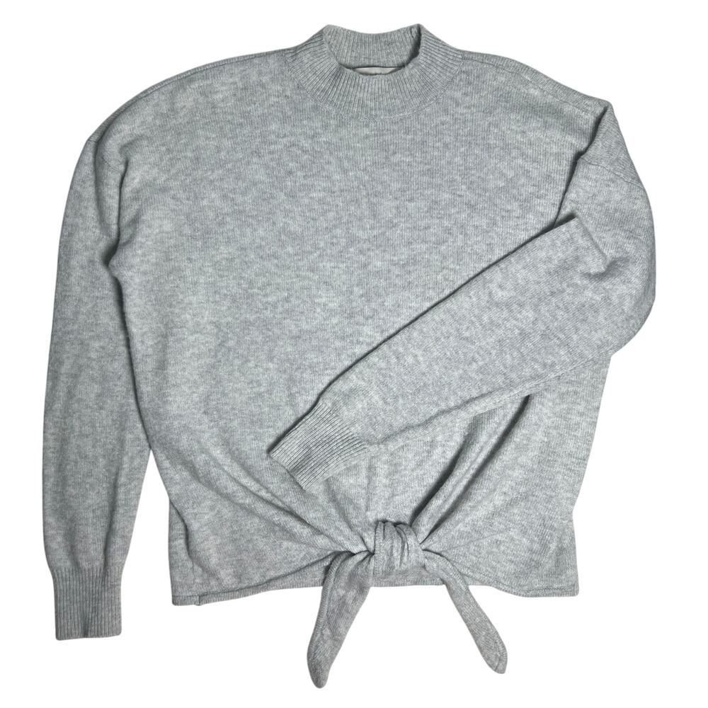 Loft Tie Front Sweater Size Medium Pale Gray Wool Blend Mock Neck Classic